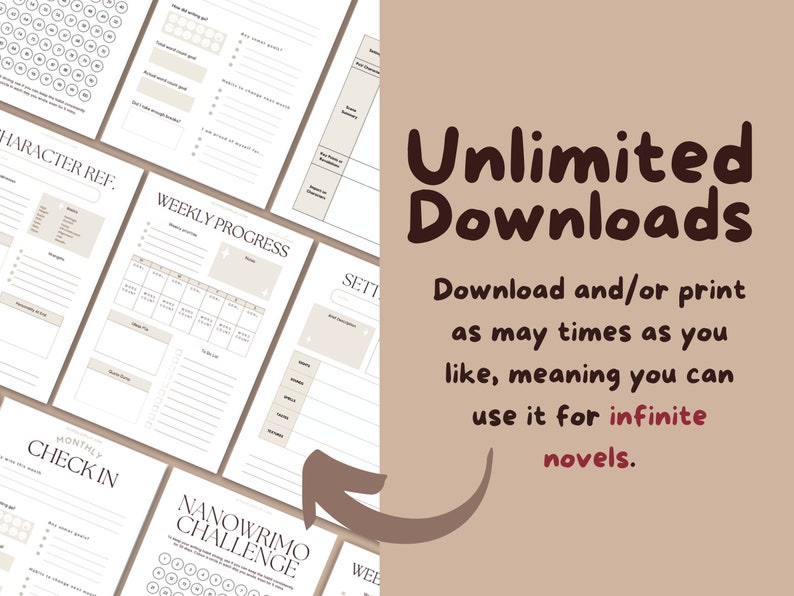 May include: A printable planner designed for writers to help them plan and track their progress during NaNoWriMo. The planner includes sections for character reference, weekly progress, setting, and monthly check-in. The planner is available for unlimited downloads and prints.