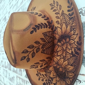 Hand-burned sunflower fedora