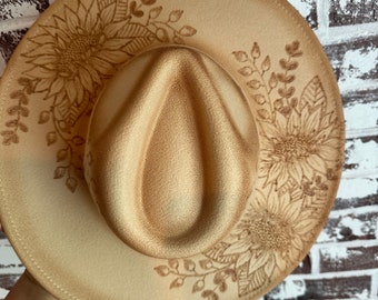 Hand-burned sunflower fedora in Cream- Ready to Ship