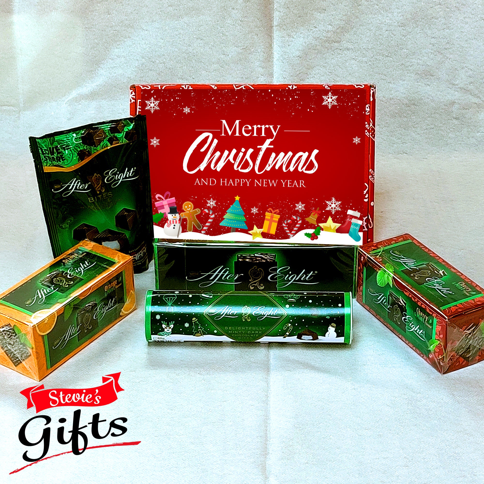 Merry Christmas After Eight Festive Chocolate Gift Box Thins, Tube, Bites,  Orange and Mint, Cherry and Mint Flavours by Stevies Gifts 