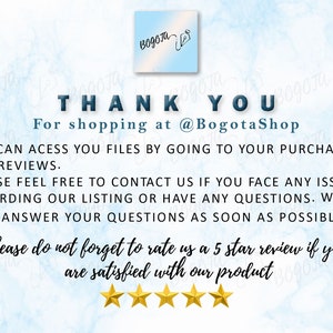 May include: A thank you message with a blue and white watercolor background. The text reads "THANK YOU" and "For shopping at @BogotaShop". The message encourages customers to leave a 5-star review if they are satisfied with their purchase.