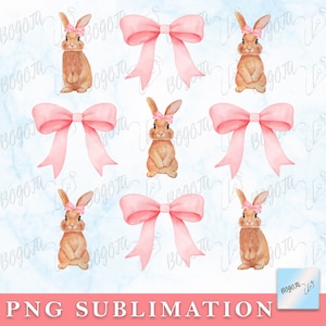 May include: Six watercolor illustrations of brown bunnies wearing pink bows. The bunnies are standing on a light blue background with a marble pattern.