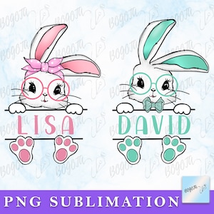 May include: Two white bunny rabbits with pink and blue ears, wearing glasses and bowties, are peeking over a banner with their names, "LISA" and "DAVID", printed in pink and blue. The bunnies have pink and blue paw prints below their names.