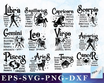 Zodiac SVG, Bundel, Horoscoop SVG, Astrologie Signs SVG, Zodiac Symbolen Svg, Tweelingen Svg, Ram Svg, Maagd Svg, Weegschaal Svg, Svg-bestand voor Cricut