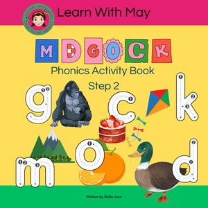 May include: A colorful phonics activity book for kids featuring the letters M, G, O, C, and K. The book includes tracing activities for each letter, with illustrations of a gorilla, a cake, an orange, a duck, and a kite.
