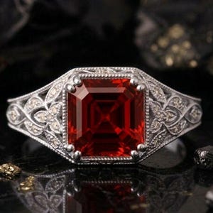 Vintage Red Ruby Engagement Ring, Art Deco Asscher Cut Wedding Ring, Antique Sterling Silver Filigree Ring, Gothic Victorian Style Bridal
