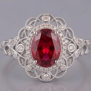 Victorian Oval Ruby Engagement Ring in White Gold, Scalloped Diamond Halo Filigree Ring, Antique Style July Birthstone Ring, Royal Jewelry