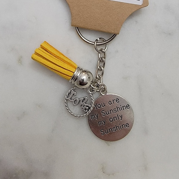 You Are My Sunshine - Yellow Faux Suede Tassel Silver Key Chain Key Ring Driving Gift