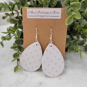 Pink & White Polka Dot Reversible Faux Leather Teardrop Earrings Handmade