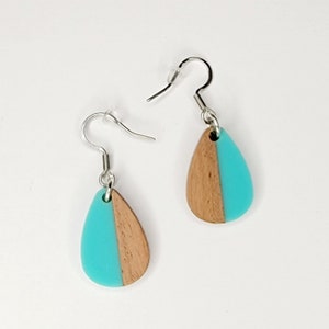 Turquoise Blue and Wood Two Toned Lightweight Dangling Birthstone Silver Earrings