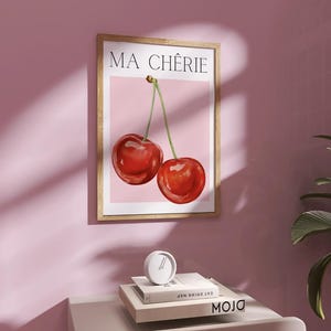 Ma Chérie Cherry Poster – French Printable Wall Art, Fruit Kitchen Decor, Red and Pink Digital Download, French Quote Art Print