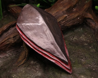May include: A dark gray, diamond-shaped shield with a red trim. The shield is lying on a brown, textured surface.