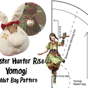 Puede incluir: Una bolsa blanca con forma de conejo con una correa de cuero marrón y una cola blanca esponjosa. La bolsa está decorada con flores doradas y un lazo rojo. La bolsa es del videojuego Monster Hunter Rise y se llama "Yomogi Rabbit Bag".