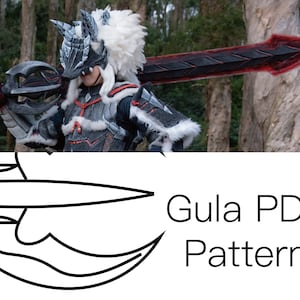 May include: Black and white line drawing of a sword with a curved blade and a pointed tip. The text "Gula PDF Pattern" is below the drawing.