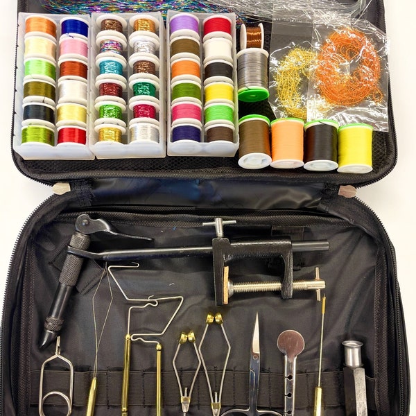 advanced fly tying kit,vise,tinsel,threads,tools