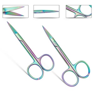 May include: Two rainbow-coloured surgical scissors with sharp points and rounded handles. The scissors are made of stainless steel and have a rainbow iridescent finish.
