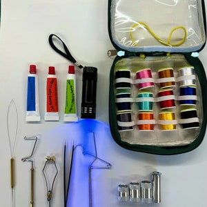 Super Set zum Fliegenbinden mit 30ml UV Harz, UV Stablampe,Schwingstab,Spulenhalter,große Zahnseide in Tragetasche