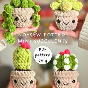 May include: Four handmade, no-sew mini succulent plants in beige pots with smiling faces. The succulents are green and have different shapes, some with red accents. The text "NO-SEW POTTED MINI SUCCULENTS" and "PDF pattern only" are visible.