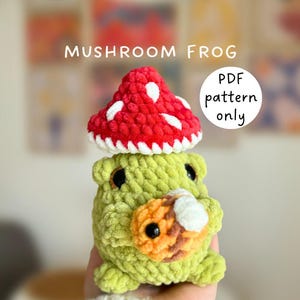 Mushroom Frog low-sew crochet amigurumi pattern in English, Easter crochet pattern, frog in mushroom hat, mushroom pop-it