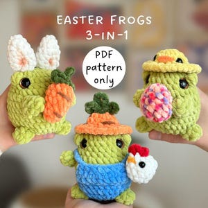 Rane pasquali 3 in 1, schema all'uncinetto a bassa cucitura in inglese, schema amigurumi all'uncinetto pasquale, rana contadina all'uncinetto, rana coniglietto all'uncinetto immagine 1
