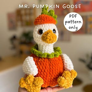 Pode incluir: Um brinquedo de ganso de crochê feito à mão em laranja, branco e amarelo. O ganso tem um corpo em forma de abóbora, uma cabeça branca e um chapéu verde e laranja. O texto "MR. PUMPKIN GOOSE" e "PDF pattern only" são visíveis.