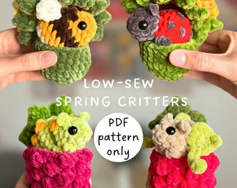 No-sew mini Spring critters crochet pattern in English (PDF file), crochet caterpillar, crochet ladybug, crochet bee, crochet moth