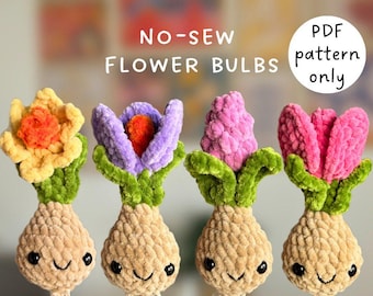 No-sew mini Flower bulb crochet pattern in English (PDF file), crochet flower pot, crochet tulip, crochet daffodil, crochet crocus, hyacinth
