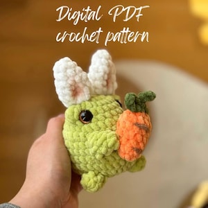 Bunny Frog crochet pattern low-sew PDF English | Easter crochet amigurumi pattern | crochet frog with bunny ears holding carrot