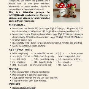 May include: A crochet pattern for mushroom plushies. The pattern includes materials, abbreviations, and video links. The image shows two finished mushroom plushies, one in a pot and another with a red and white spotted cap.