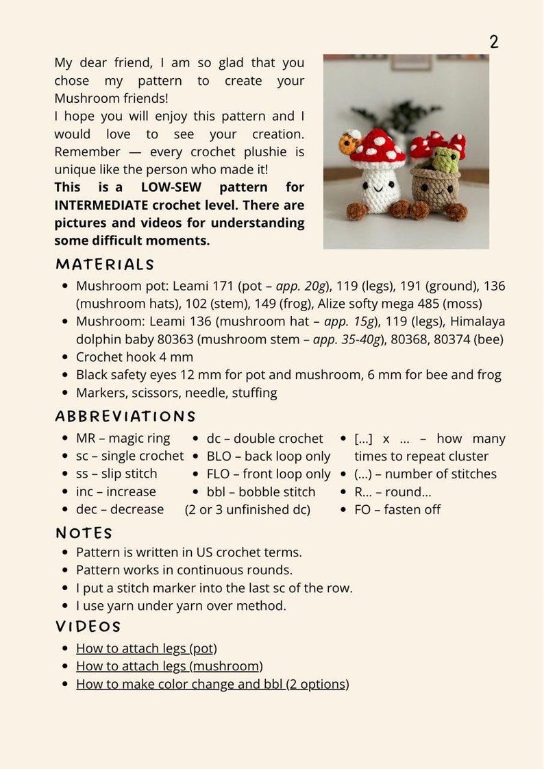 May include: A crochet pattern for mushroom plushies. The pattern includes materials, abbreviations, and video links. The image shows two finished mushroom plushies, one in a pot and another with a red and white spotted cap.