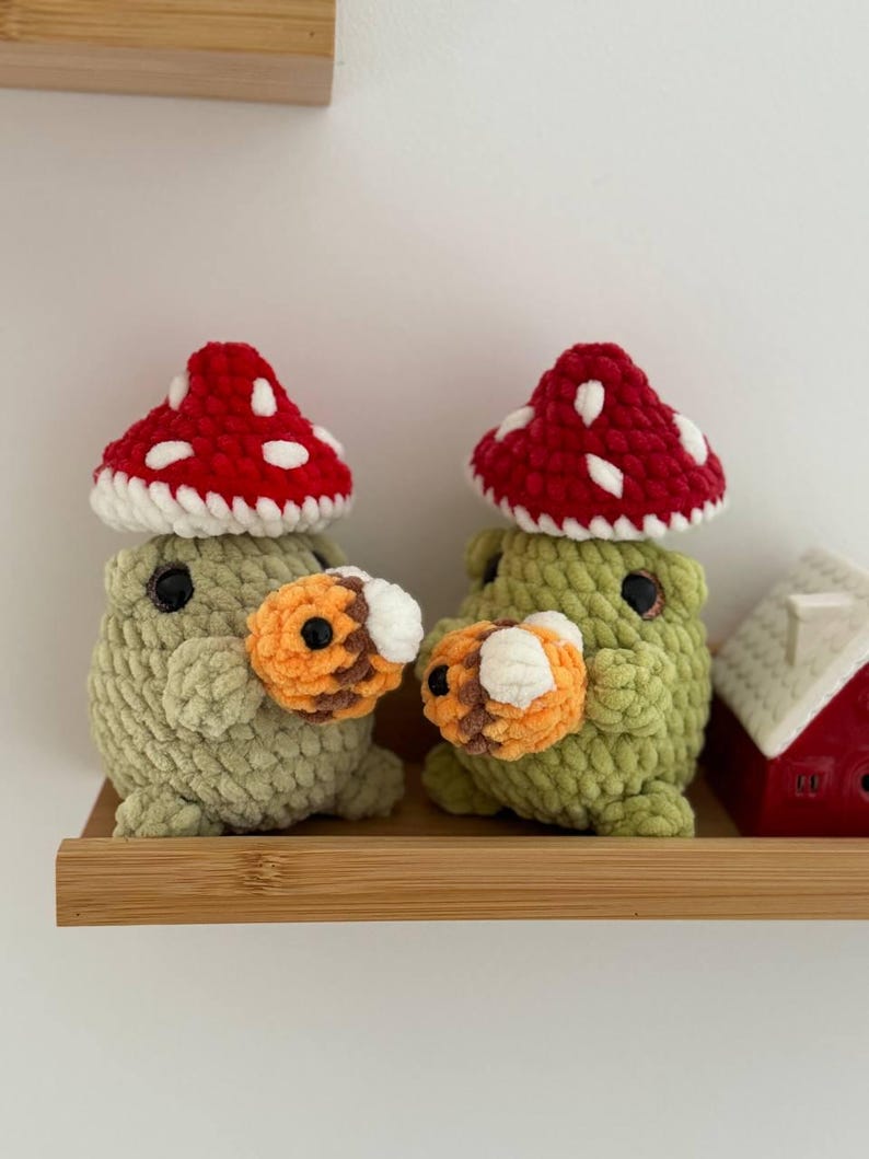 Spring Frogs 3-in-1 low-sew crochet pattern in English, Easter crochet pattern, crochet mushroom frog, crochet bee frog, crochet flower frog image 3