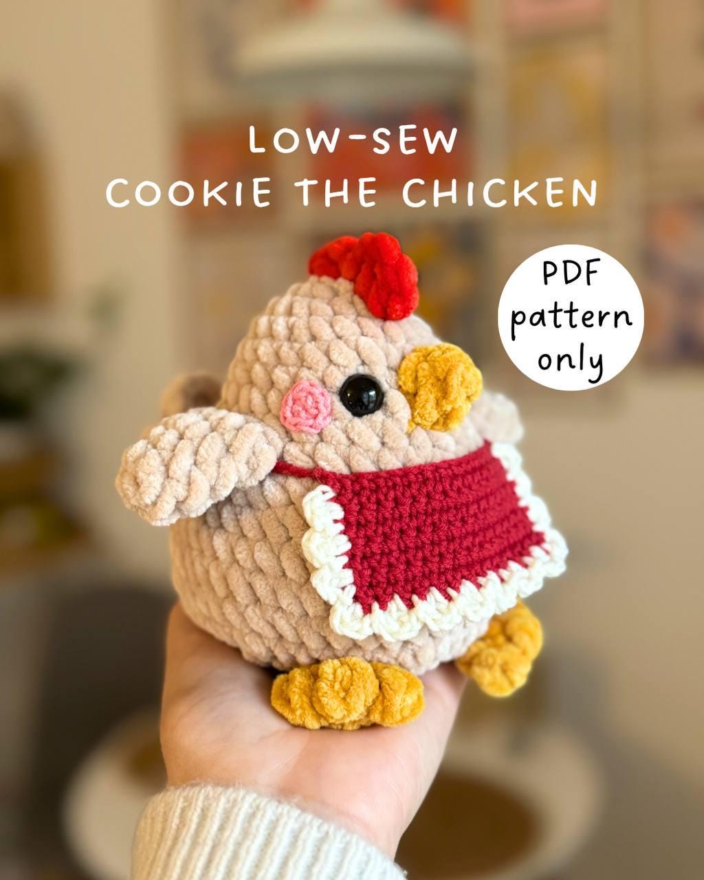 Cookie the Chicken low-sew crochet pattern in English