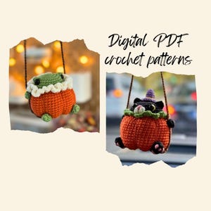 Pumpkin Frog and Pumpkin Cat car charm crochet pattern low-sew PDF English | Halloween crochet pattern car hanger | crochet autumn decor
