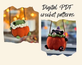 Pumpkin Frog and Pumpkin Cat car charm crochet pattern low-sew PDF English | Halloween crochet pattern car hanger | crochet autumn decor