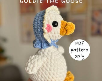 Low-naai haakpatroon Goldie the Goose in het Engels (pdf-bestand), gehaakte knuffel gans in muts, gehaakte moeder de gans, schattige amigurumi