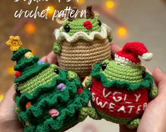 Christmas Frog car charm crochet pattern low-sew PDF English | Christmas crochet pattern car hanger | frog car hanger | crochet winter decor