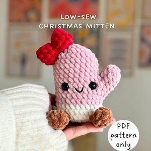Christmas Mitten low-sew crochet pattern in English (PDF file), crochet winter plushie, Christmas amigurumi, crochet Jellycat