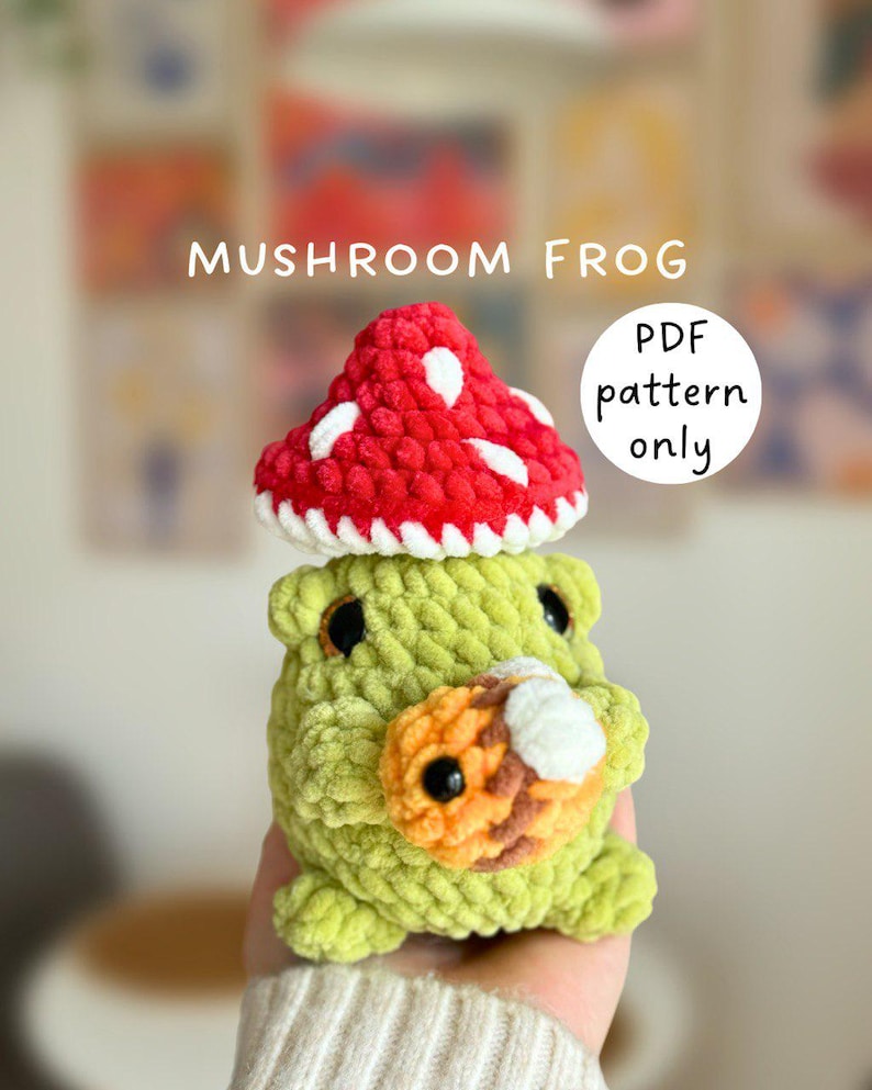Patrón de amigurumi de crochet de costura baja de rana hongo en inglés, patrón de crochet de Pascua, rana con sombrero de hongo, pop-it de hongo imagen 1