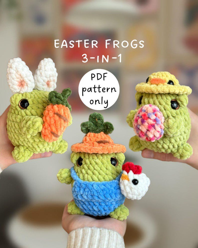 Rane pasquali 3 in 1, schema all'uncinetto a bassa cucitura in inglese, schema amigurumi all'uncinetto pasquale, rana contadina all'uncinetto, rana coniglietto all'uncinetto immagine 1