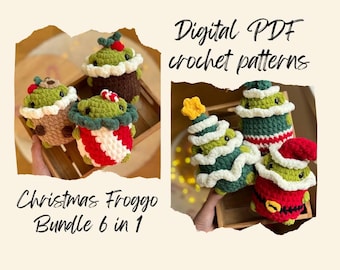 Julgrodor Bundle 6 i 1 virkmönster utan sömnad PDF Engelska | virkmönster Julgran, Tomte, Tomte, Pudding, Pepparmynta, Kaka