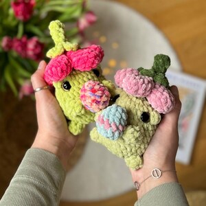 May include: Two crocheted plush toys shaped like flowers with green bodies and pink petals. The toys are holding colorful crocheted balls.