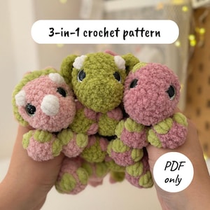 Crochet pattern Pocket snuggler 3-in-1 Dinosaur and Dragon | low-sew amigurumi crochet pattern | crochet Brontosaurus, Triceratops, Dragon