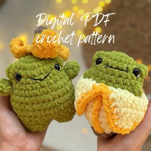 Banana frogs 2 in 1 crochet pattern PDF English| no-sew and low-sew banana frog pattern | crochet chubby animal