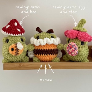 Spring Frogs 3-in-1 low-sew crochet pattern in English, Easter crochet pattern, crochet mushroom frog, crochet bee frog, crochet flower frog image 2