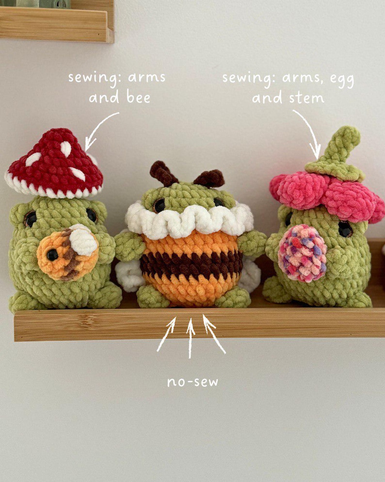 Spring Frogs 3-in-1 low-sew crochet pattern in English, Easter crochet pattern, crochet mushroom frog, crochet bee frog, crochet flower frog image 2