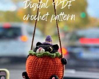 Pumpkin Cat car charm crochet pattern low-sew PDF English | Halloween crochet pattern car hanger | cat car hanger | crochet autumn decor