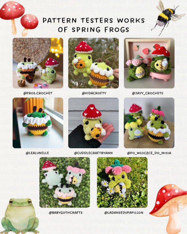 Patrón de amigurumi de crochet de costura baja de rana hongo en inglés, patrón de crochet de Pascua, rana con sombrero de hongo, pop-it de hongo imagen 7
