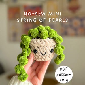 Puede incluir: Una mini planta de String of Pearls tejida a ganchillo en una maceta beige con una cara sonriente. La planta tiene hojas verdes brillantes, redondas, en forma de perlas. El texto de la imagen dice "NO-SEW MINI STRING OF PEARLS" y "PDF pattern only."