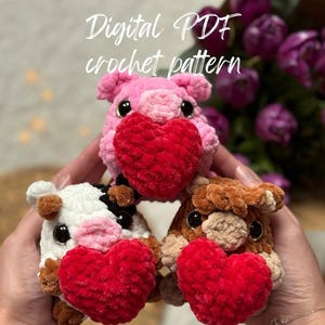 Valentine Barn Tiere 3in1 Amigurumi Häkelanleitung PDF Englisch | Schnittmuster Schwein, Kuh, Highland Rind zum Valentinstag mit Herz