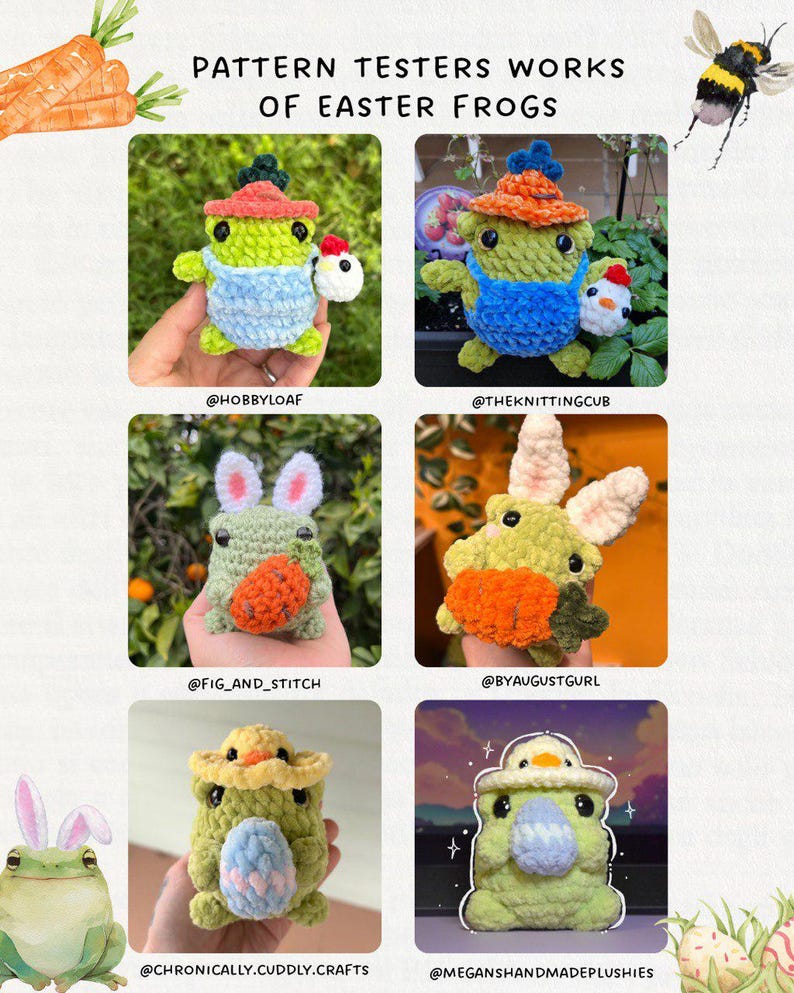 Rane pasquali 3 in 1, schema all'uncinetto a bassa cucitura in inglese, schema amigurumi all'uncinetto pasquale, rana contadina all'uncinetto, rana coniglietto all'uncinetto immagine 10